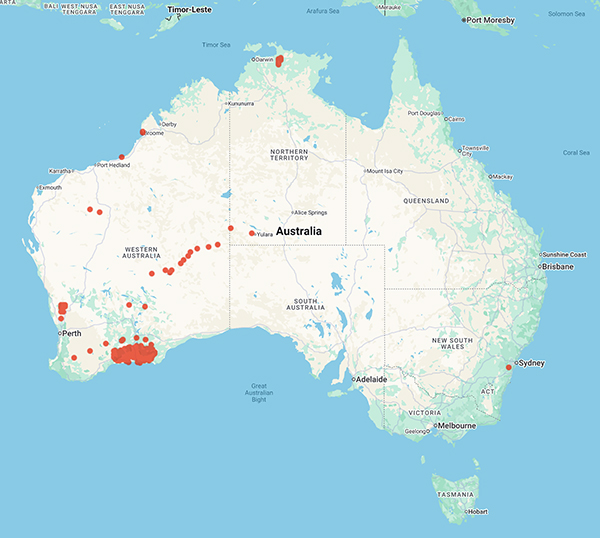 collecting locality map for 'Burgman, M.A.'