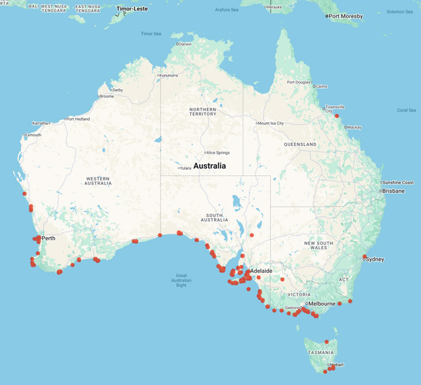 collecting Australia locality map for 'Woelkerling, W.J.'